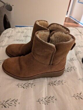 UGG Boots Size 7 Kristin Wedge Classic Mini Suede Shearling Chestnut Brown